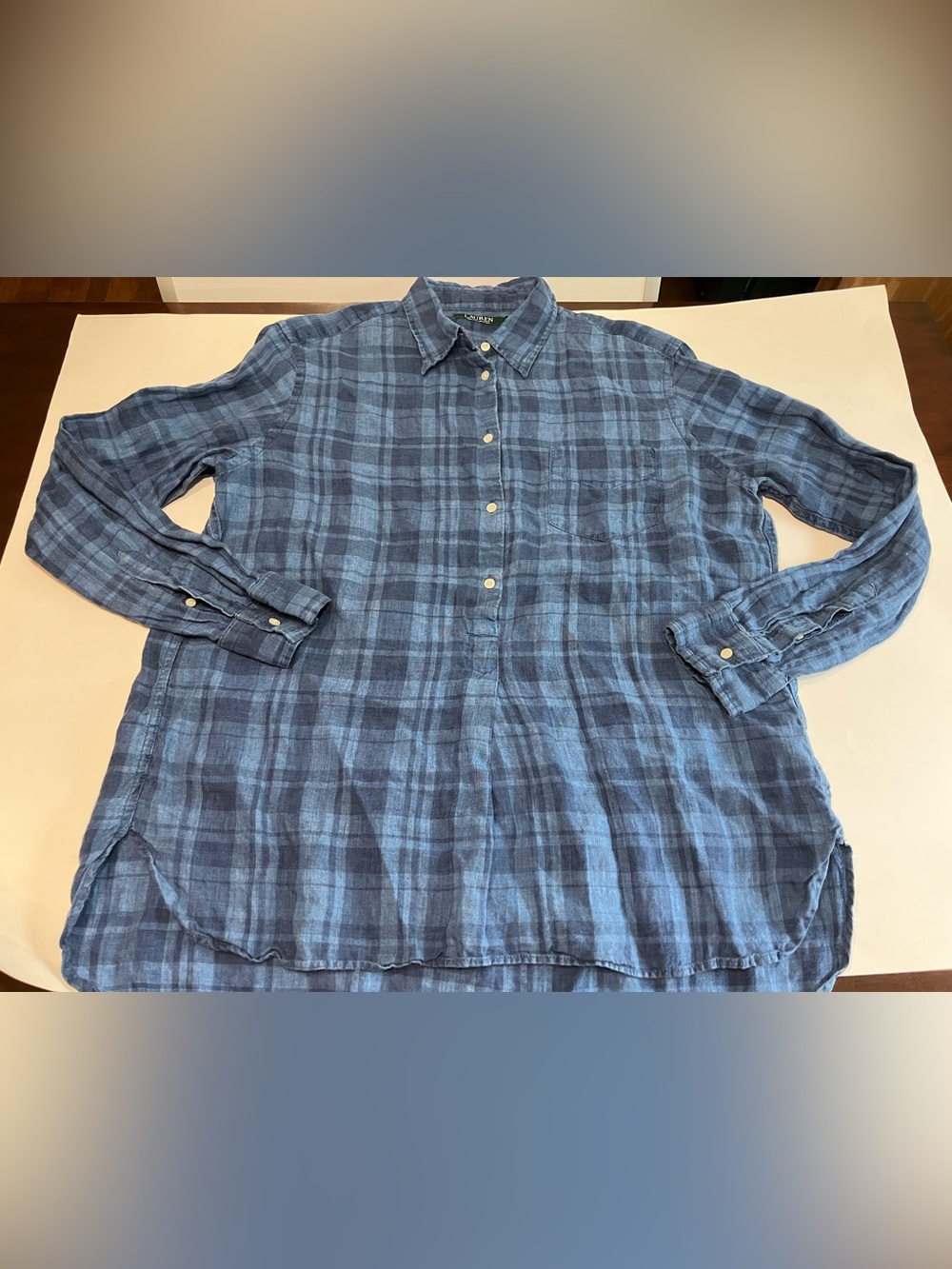 Lauren Ralph Lauren 100% Linen Top Womens 1X Blue Plaid Pullover 3/4 Button Up